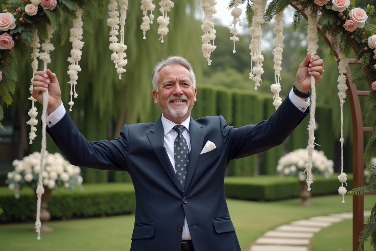 Homme arrangeant des guirlandes lors d’un mariage en extérieur