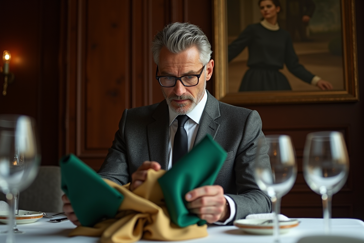 Homme en costume examinant des échantillons de serviettes de luxe