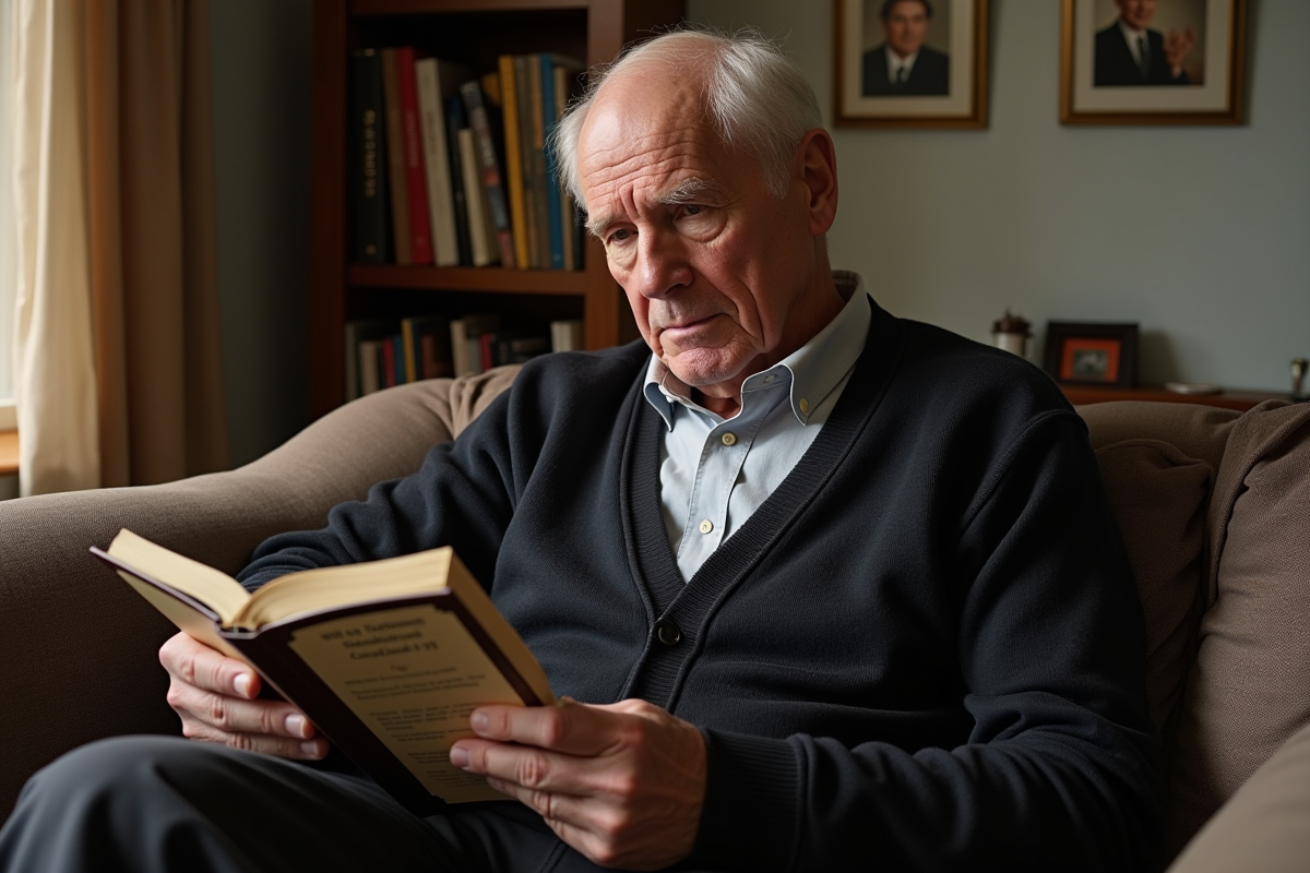 Homme âgé lisant un testament dans le salon