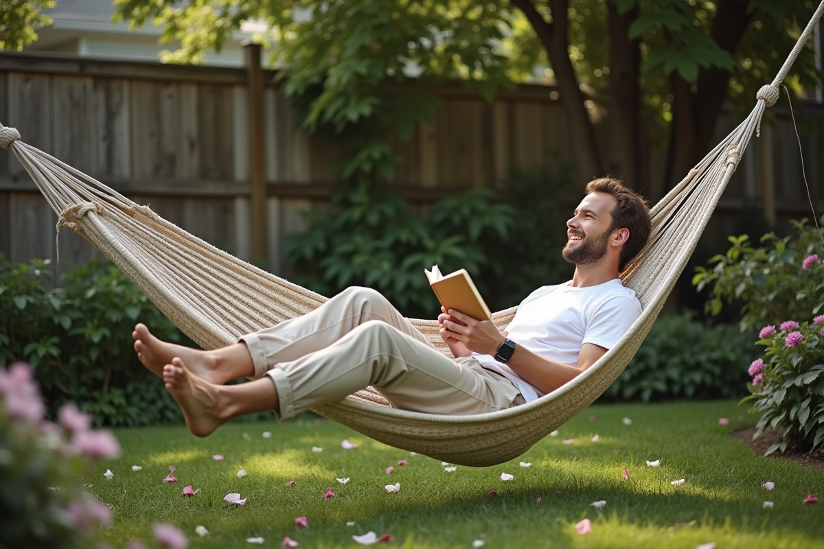 Homme lisant dans un hamac dans un jardin paisible