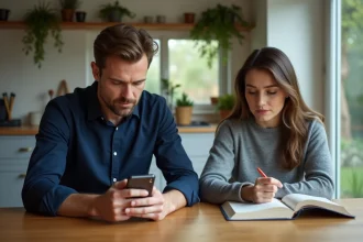 Homme marié regardant son téléphone en secret pendant que sa femme lit à table, signe de distance émotionnelle dans le couple