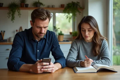 Homme marié regardant son téléphone en secret pendant que sa femme lit à table, signe de distance émotionnelle dans le couple