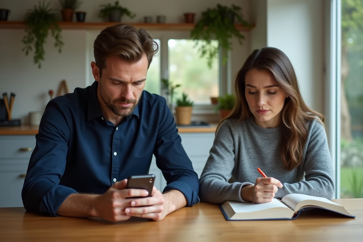 Homme marié regardant son téléphone en secret pendant que sa femme lit à table, signe de distance émotionnelle dans le couple