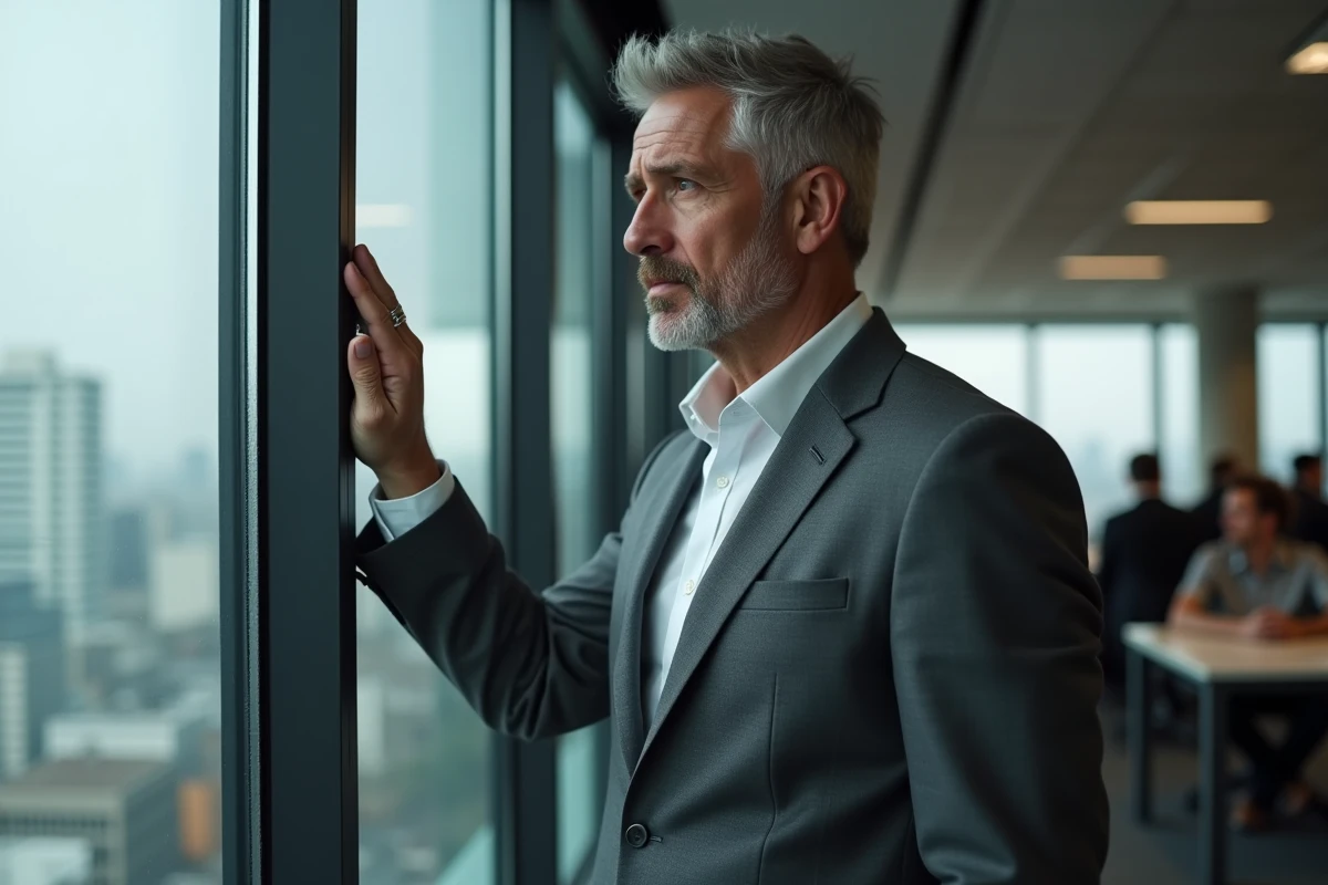 Homme marié en costume pensif devant une fenêtre de bureau avec son alliance visible, illustrant une crise conjugale silencieuse