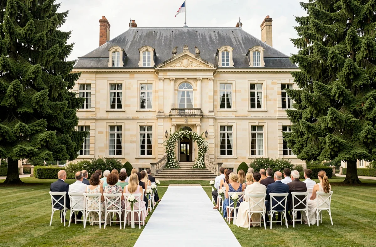 Cérémonie de mariage en extérieur sur la pelouse de l'Hôtel Château Cléry