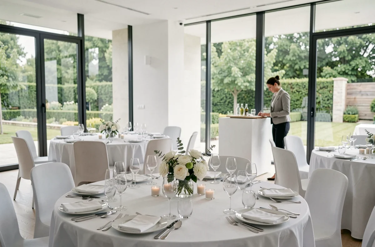 Salle de mariage contemporaine de l'Hôtel Verdé en Haute-Garonne avec parois vitrées donnant sur un jardin élégant