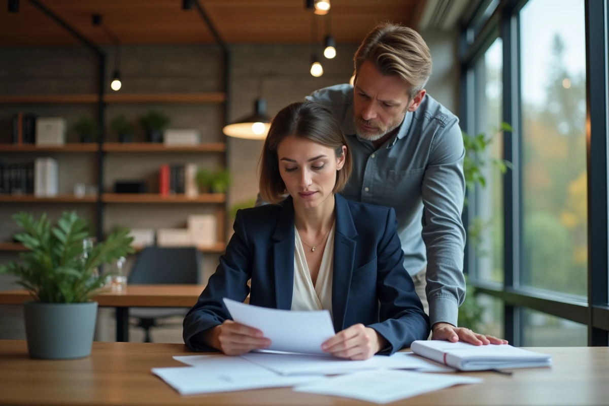 Femme professionnelle et son partenaire collaborant dans un bureau moderne, illustrant l'influence du mari sur la carrière de Samantha de Bendern