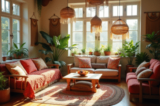 Intérieur bohème lumineux avec coussins colorés et plantes