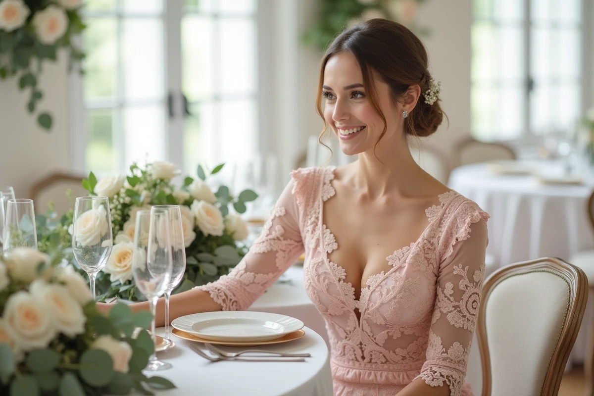 Invitée en robe dentelle rose blush assise à une table de réception de mariage élégante