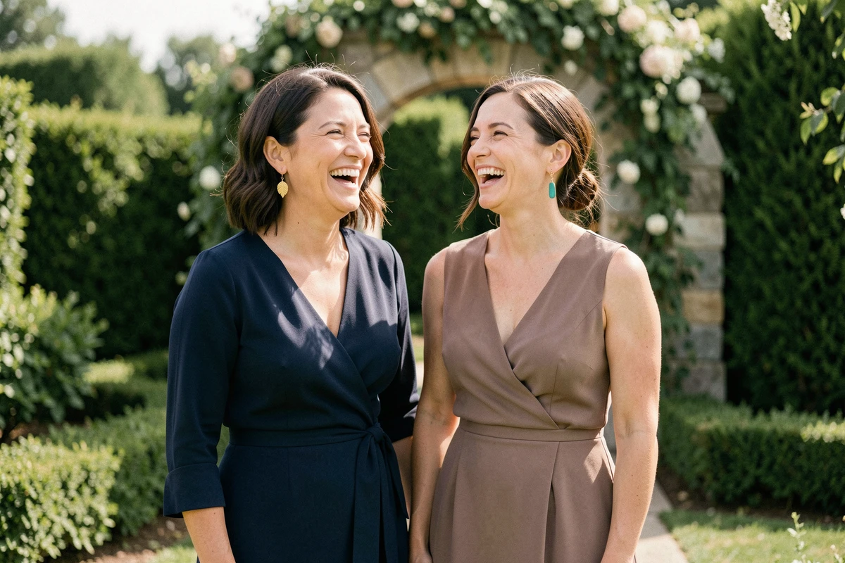 Deux invitées de mariage portant des boucles d'oreilles pendantes élégantes, robe marine et robe taupe, jardin extérieur