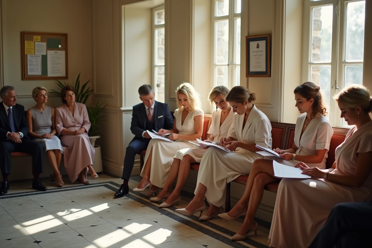 Invités de mariage attendant dans la salle d'attente d'une mairie française, illustrant l'organisation et la gestion du temps lors d'une cérémonie civile
