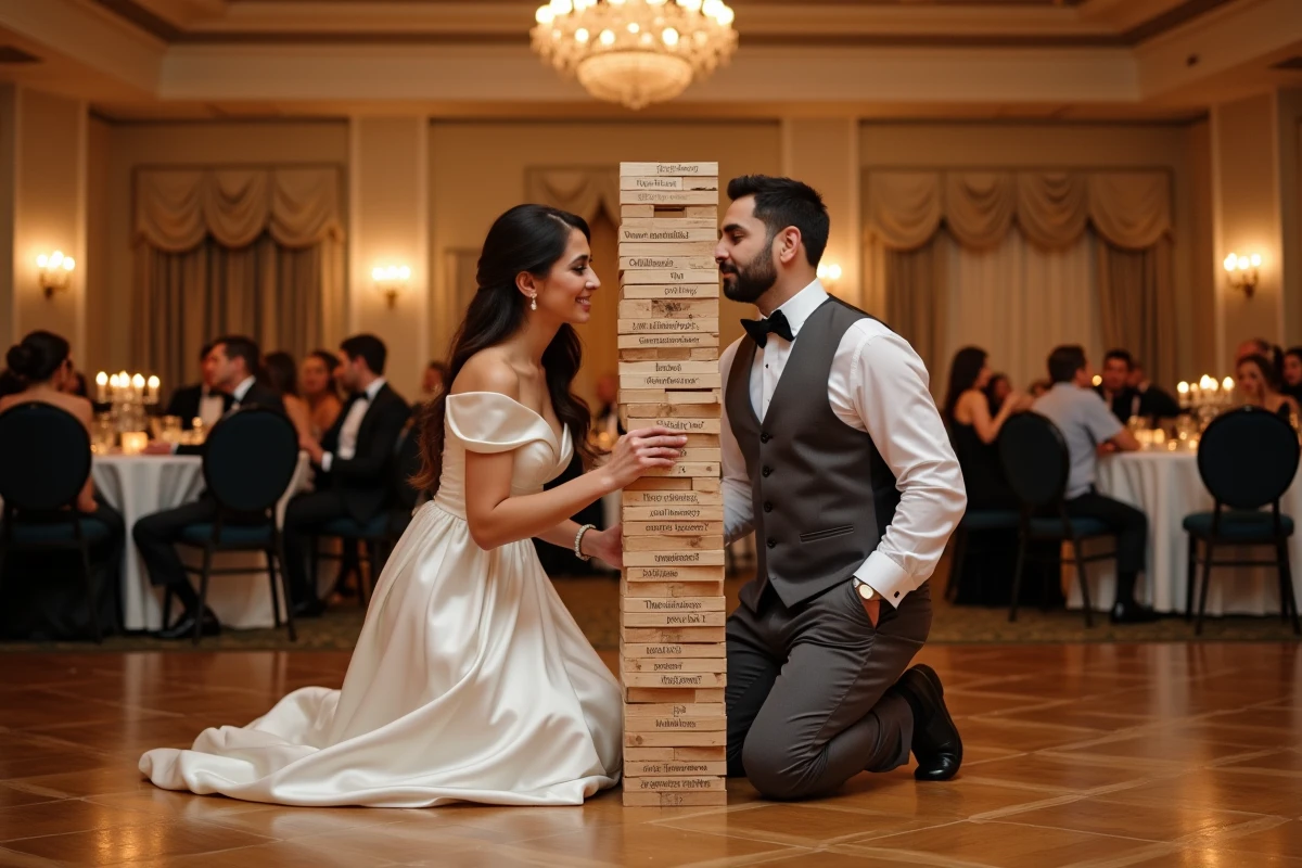 Couple de mariés jouant à une tour de Jenga géante sur la piste de danse lors de la soirée de mariage en salle