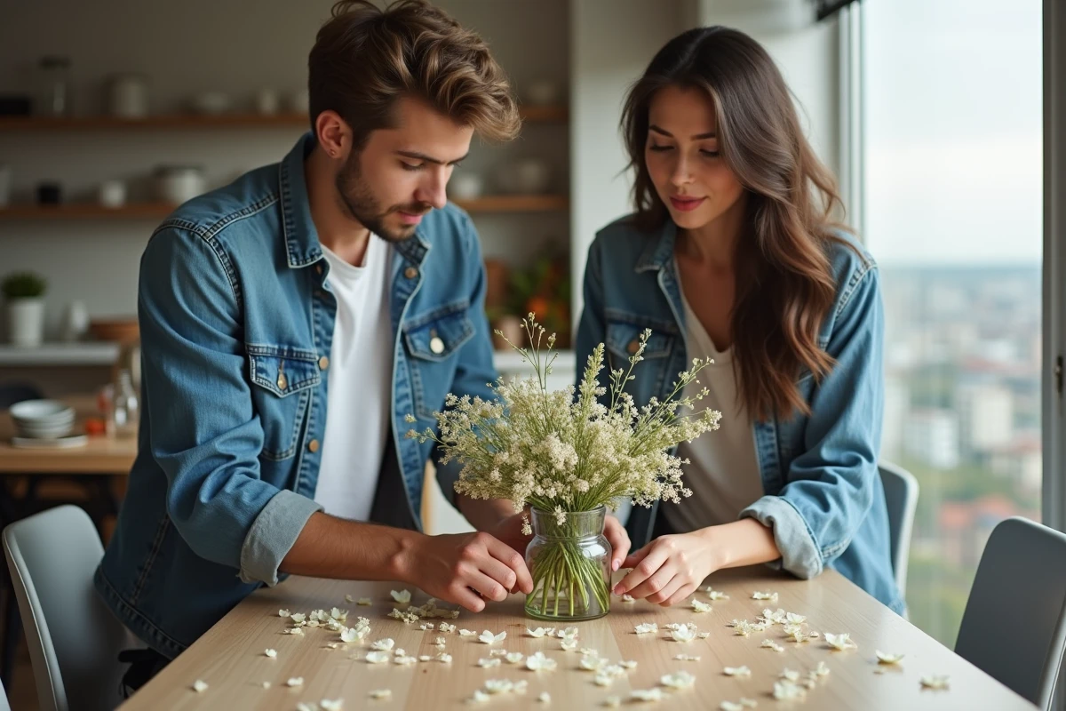 Jeune couple créant des centres de table de mariage à la maison