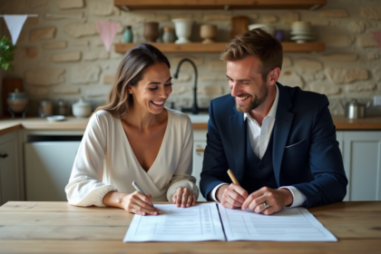 Jeune couple français riant lors de la planification du mariage