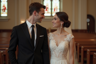 Jeune couple marié dans une église ornée de vitraux