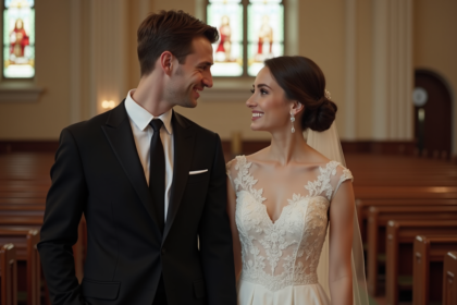 Jeune couple marié dans une église ornée de vitraux