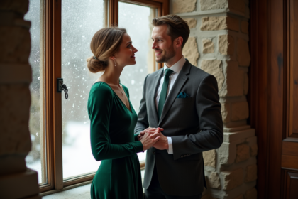 Jeune couple de mariés dans un manoir ancien hiver