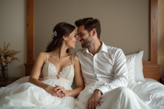 Jeune couple marié dans une suite d'hôtel élégante