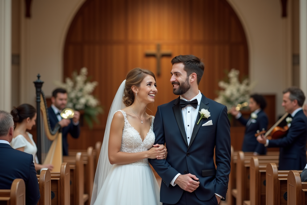 Jeune couple riant lors de leur mariage en intérieur