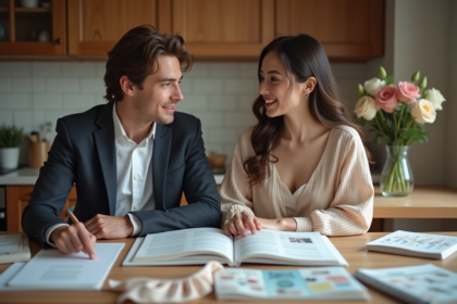 Jeune couple en tenue de mariage dans la cuisine chaleureuse