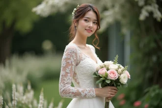 Jeune femme en robe de mariée dans un jardin fleuri