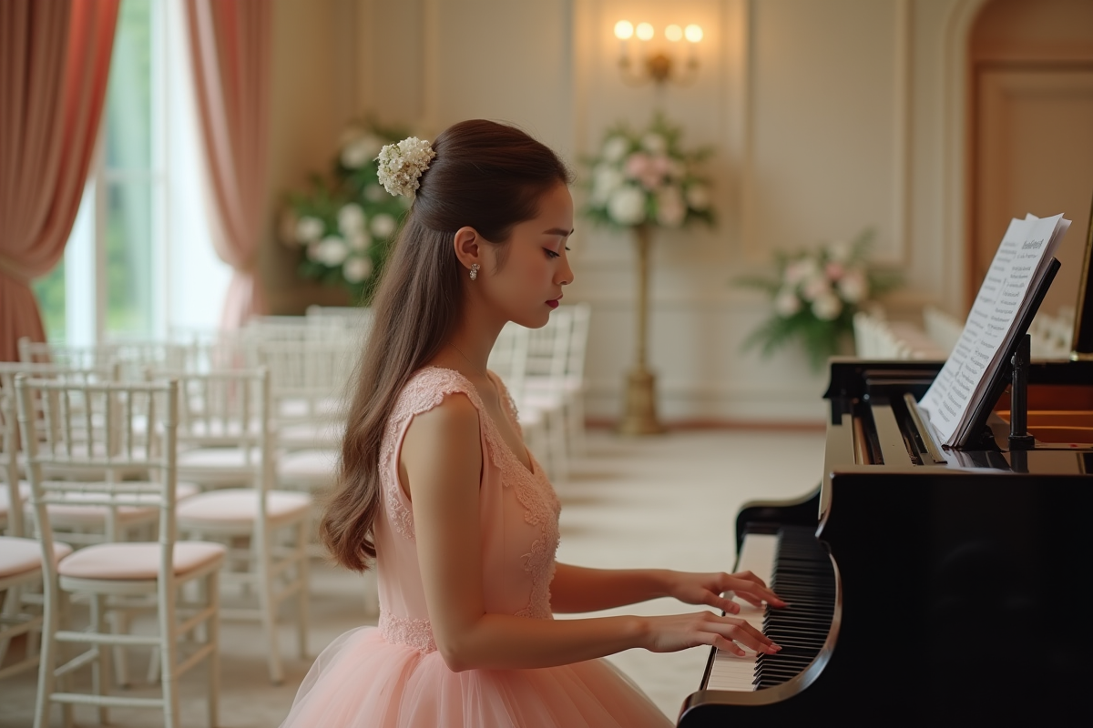 Jeune femme élégante au piano dans une salle de mariage