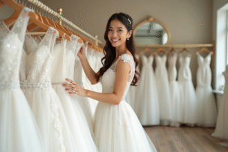 Jeune femme en robe de mariée dans une boutique élégante