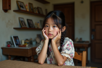 Jeune fille pensive avec tache de naissance en intérieur