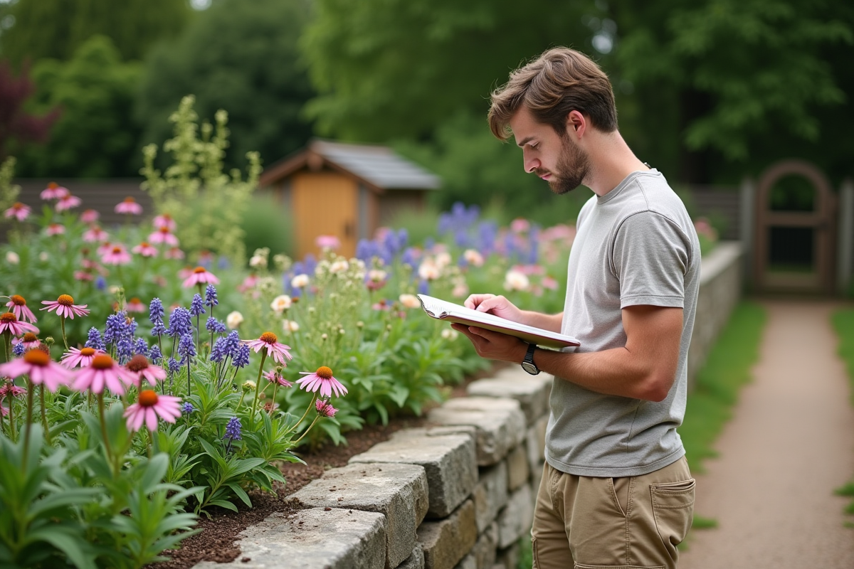 Jeune homme avec carnet dans le jardin