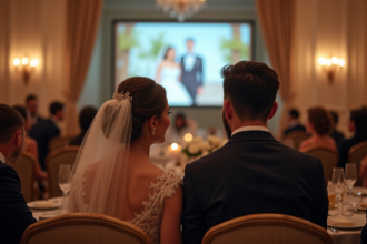 Jeune couple de mariés souriants lors de la réception de mariage