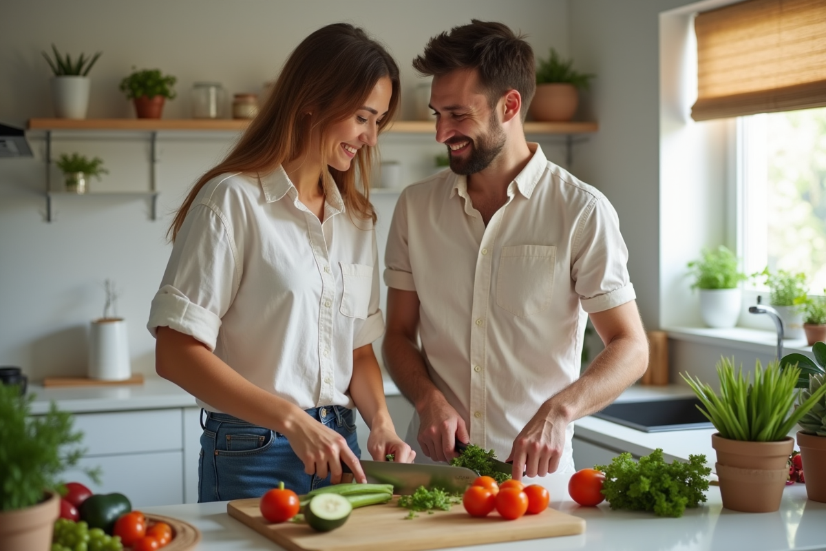 Jeune couple préparant un repas dans une cuisine moderne