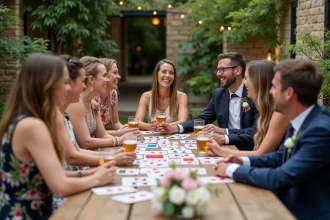 Groupe de mariés invités jouant à un jeu de cartes géant lors d'un cocktail de mariage en plein air dans un jardin fleuri