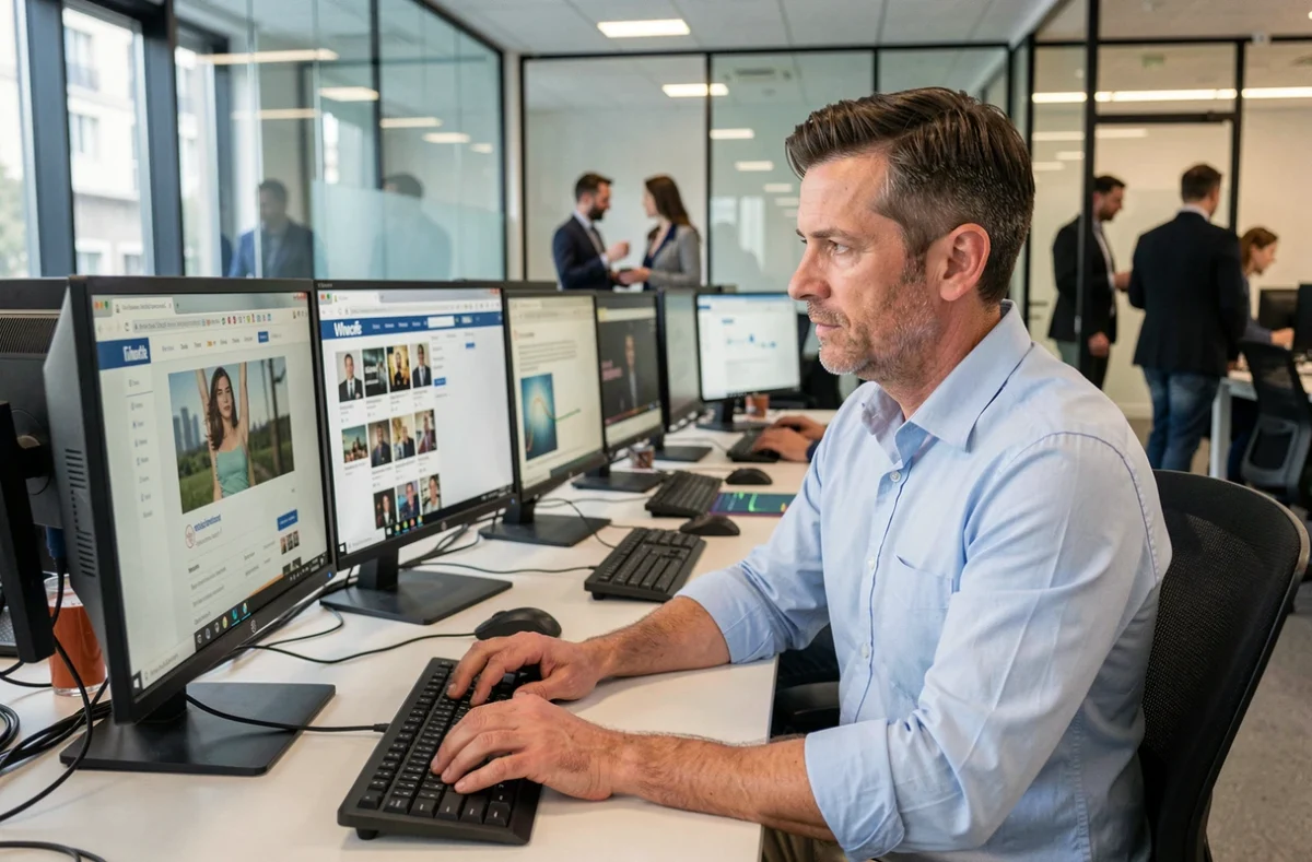 Journaliste masculin dans une rédaction moderne consultant des recherches sur une personnalité publique française sur ordinateur