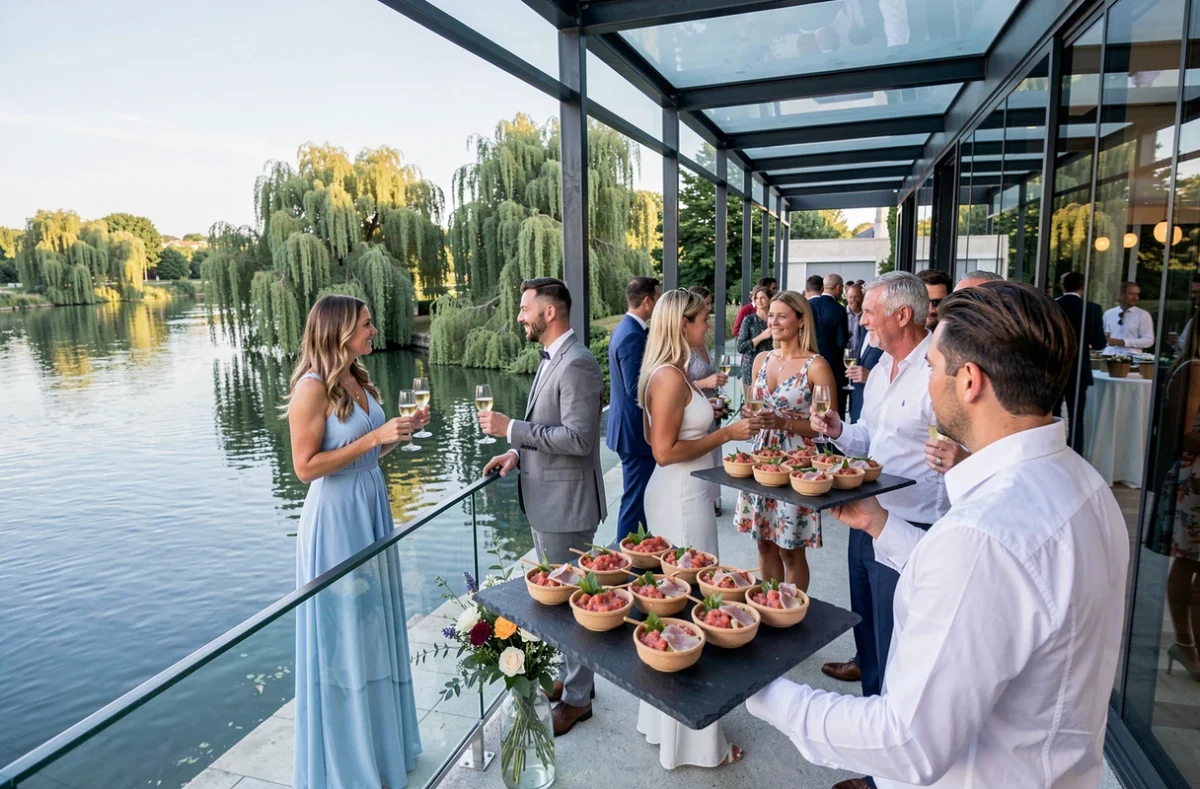 Cocktail de mariage élégant organisé par Les Sens du Lez en bord de Lez, avec des convives en tenue estivale et des verrines gastronomiques servies sur des plateaux en ardoise