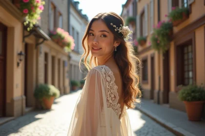 Femme portant une robe de mariée bohème en dentelle dans le quartier de la Petite France à Strasbourg