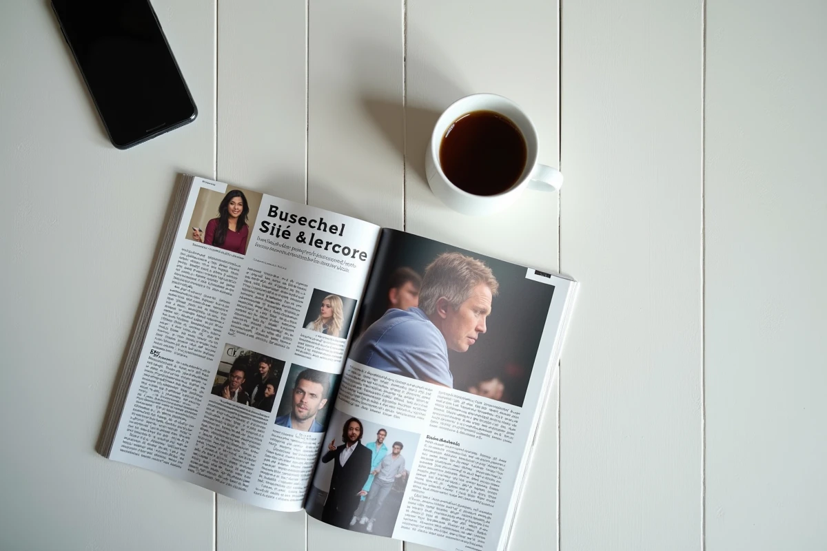 Magazine people ouvert sur une table en bois avec articles sur les célébrités de la télévision française