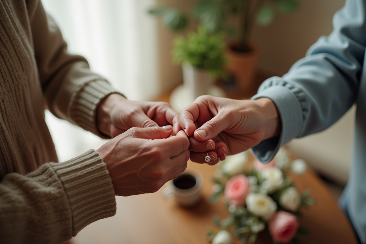 Mains d un couple agee échangeant des alliances