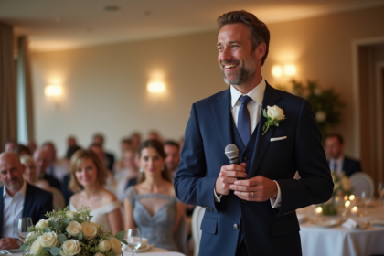 Homme maître de mariage souriant en costume navy lors d'une réception