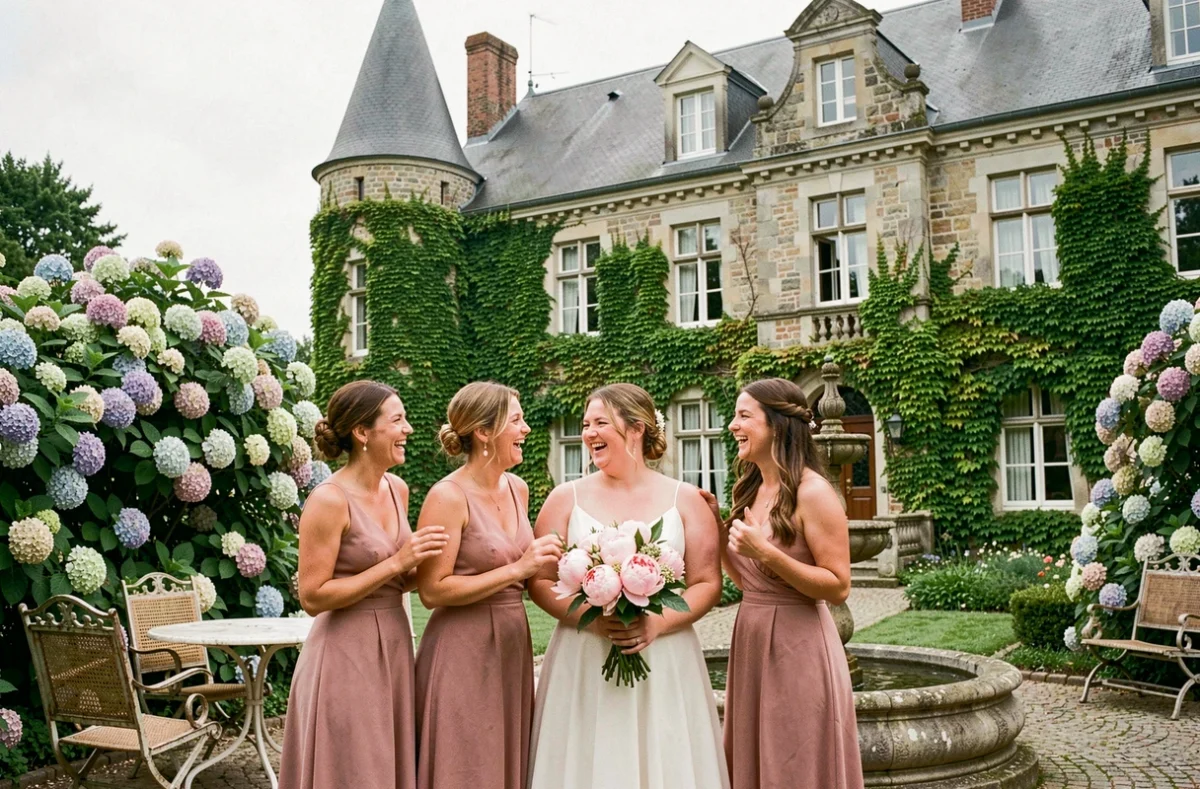 Cortège nuptial dans la cour du Manoir de Camblain avec fontaine en pierre