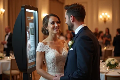 Jeune couple de mariés souriants dans une cabine photo lors d’un mariage