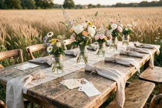 Table de mariage champêtre décorée avec des jeux et des fleurs sauvages dans un cadre en plein air