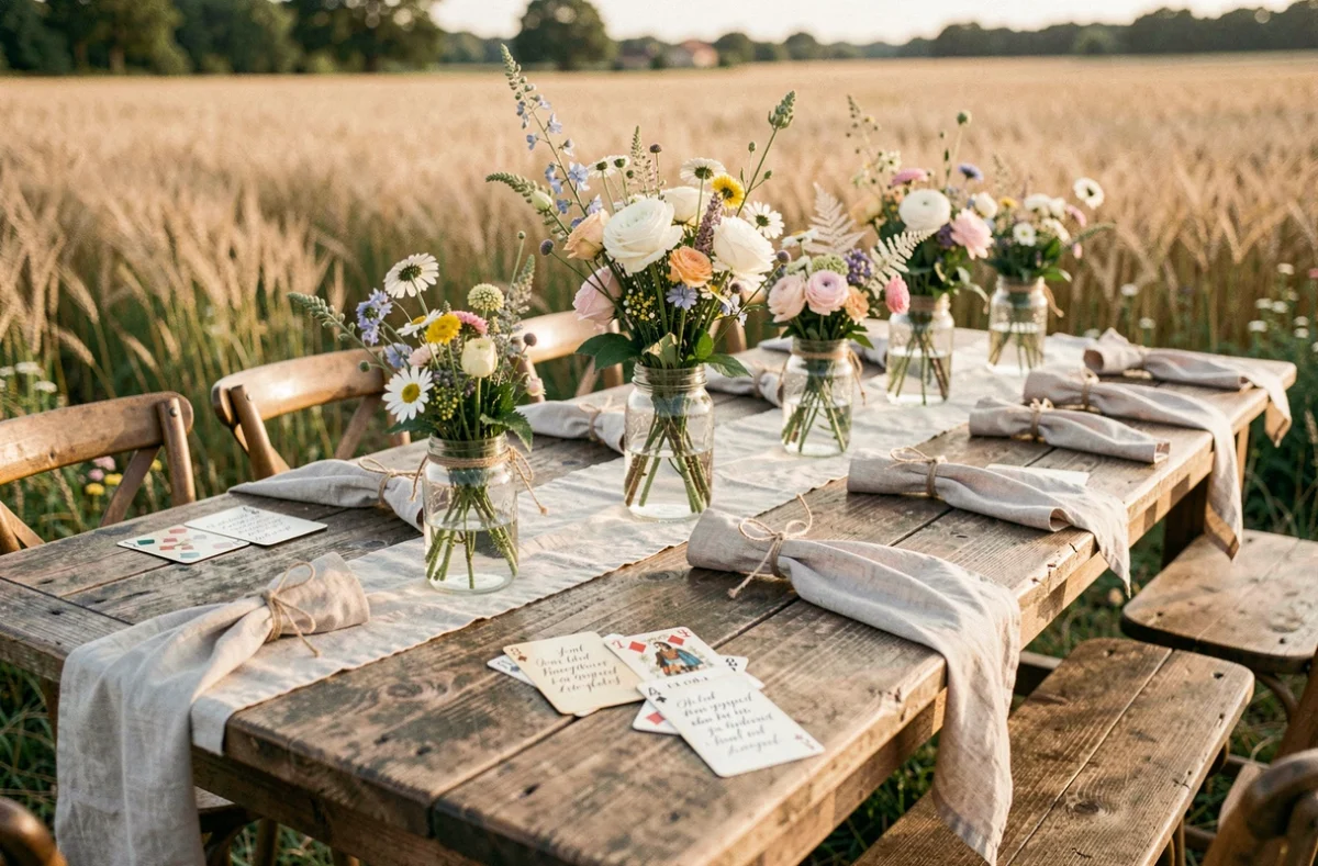 Table de mariage champêtre décorée avec des jeux et des fleurs sauvages dans un cadre en plein air