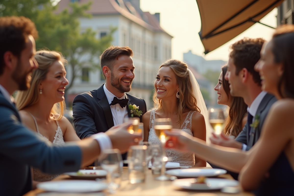 Jeune couple marié souriant lors d un café en extérieur