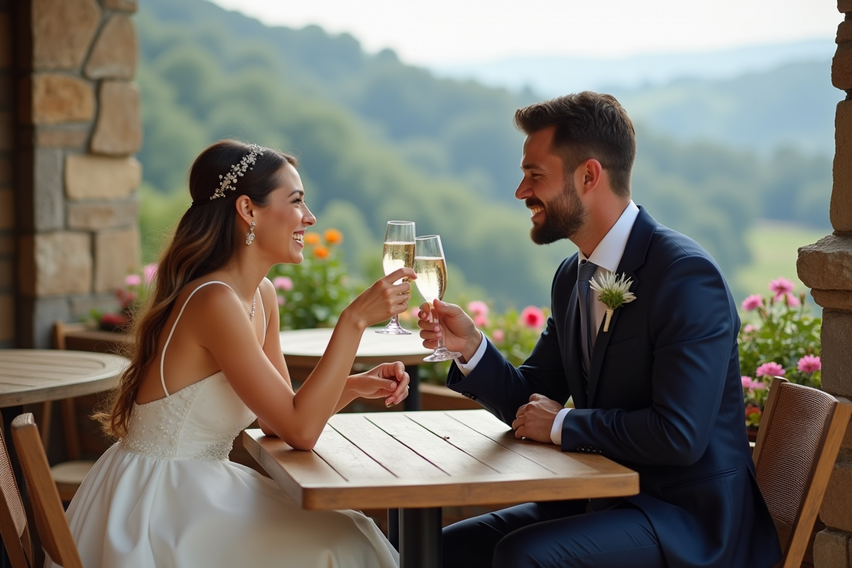 Jeune couple marié trinant dans un café en campagne