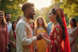 Couple interculturel échangeant des alliances en plein air