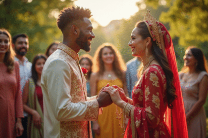 Couple interculturel échangeant des alliances en plein air