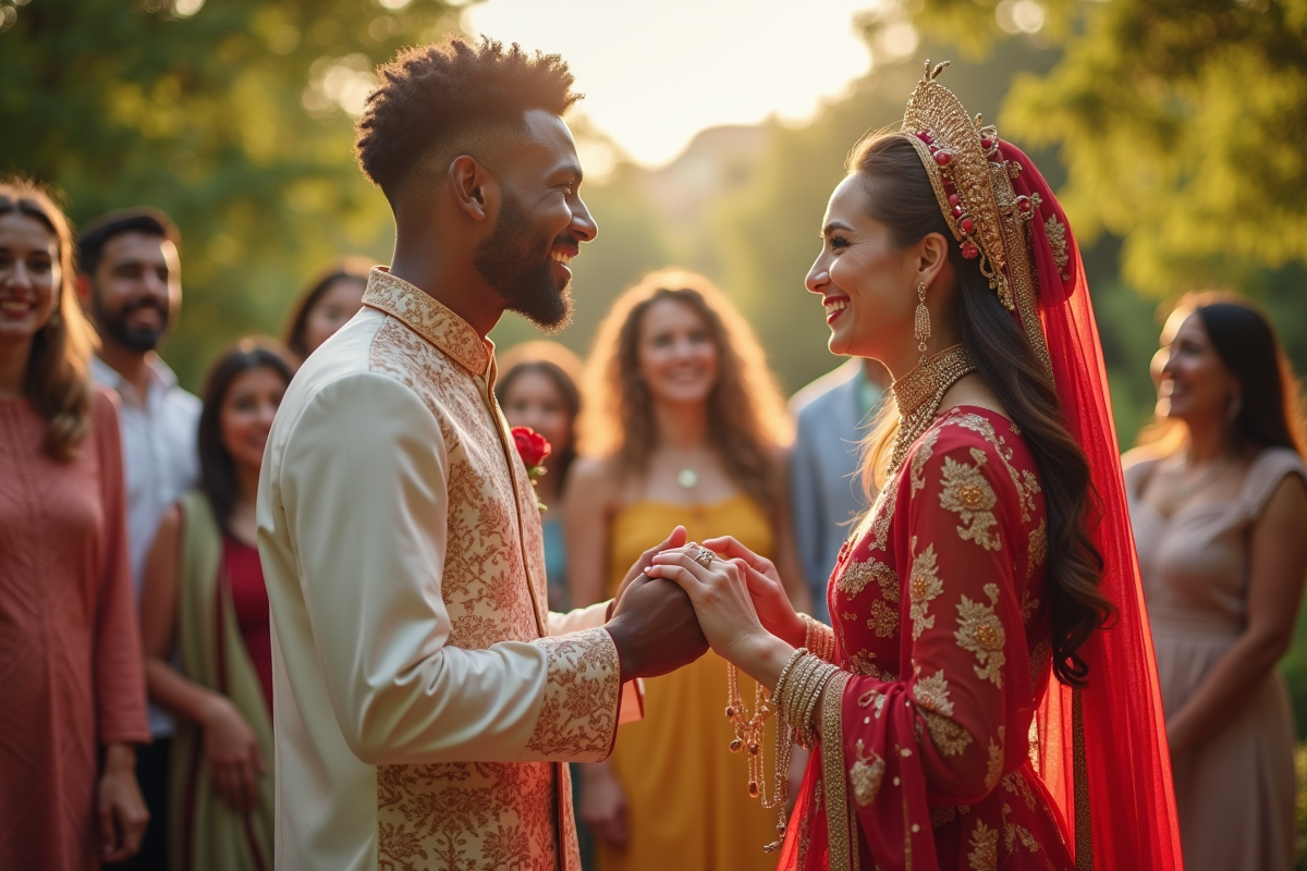 Couple interculturel échangeant des alliances en plein air