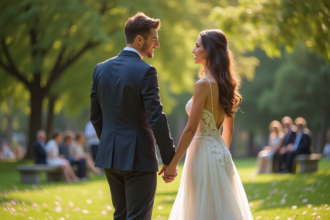 Jeune couple marié dans un parc ensoleille avec famille