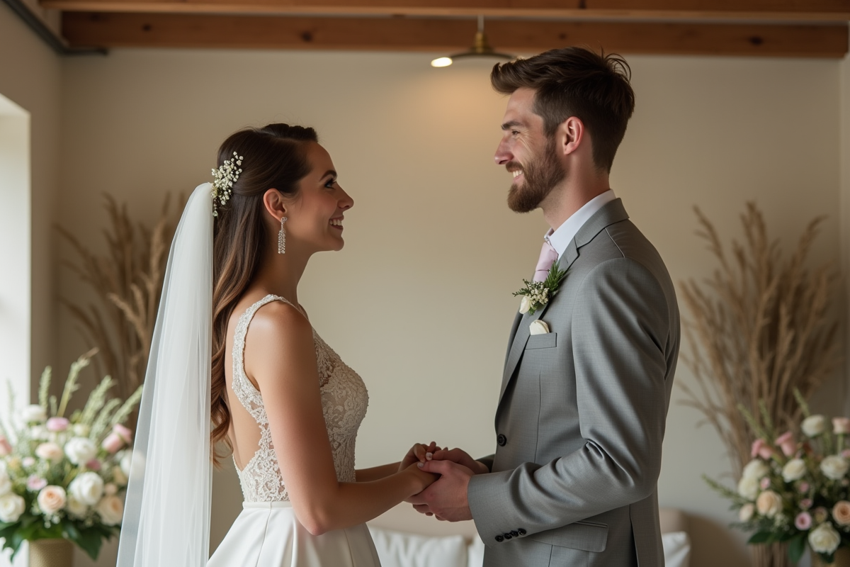 Jeune couple échangeant leurs vœux dans un cadre rustique