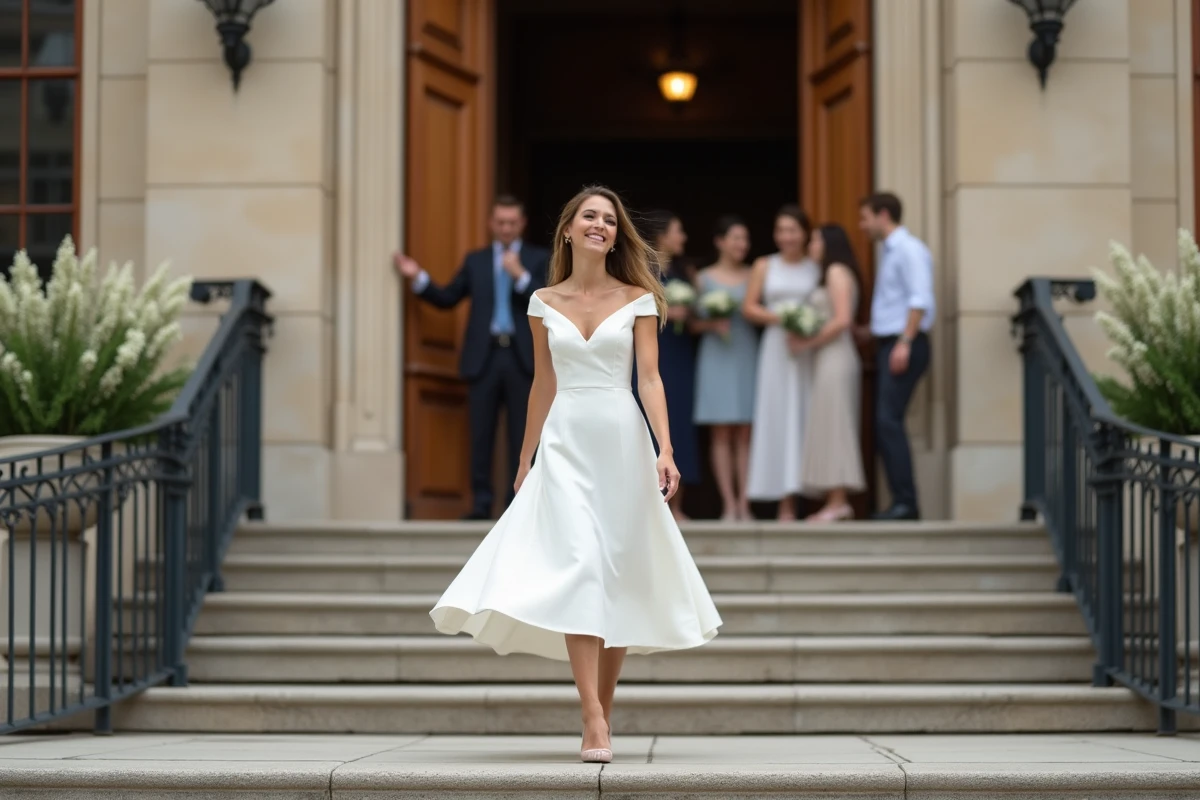 Jeune mariée riant après sa cérémonie civile devant un city hall